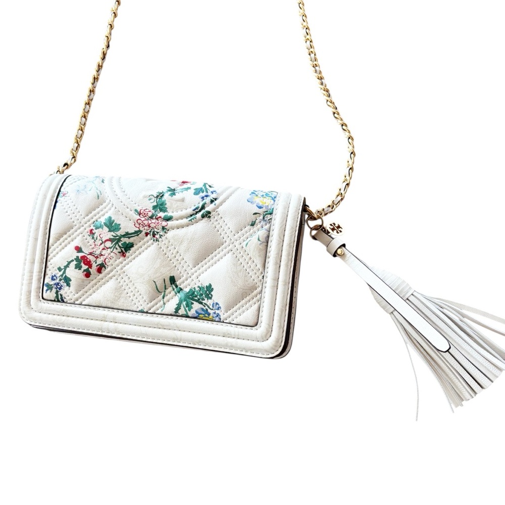 Tory Burch Quilted Floral White Leather Crossbody Bag with Tassel